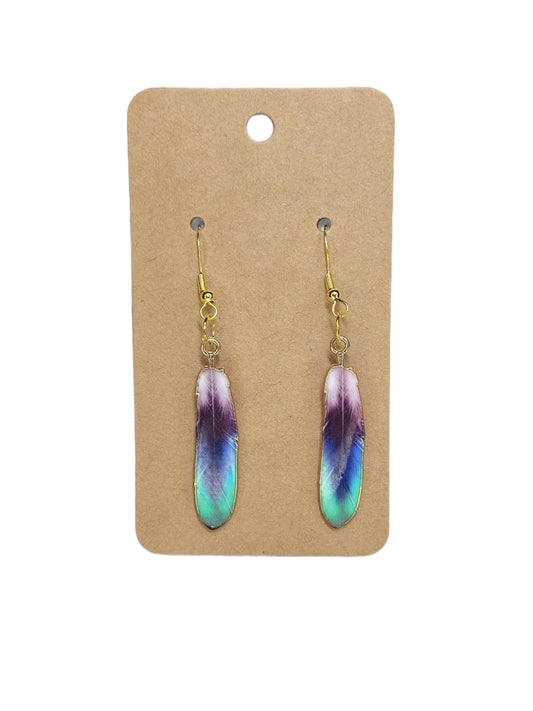 Green,  Blue and Purple Feather Earrings